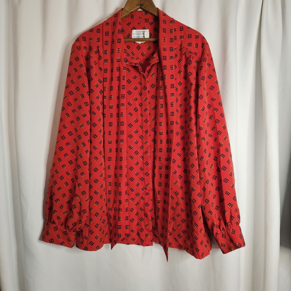 Pendleton Country Sophisticates Vintage Red Geometric Sz 22 Front‎ Tie Blouse